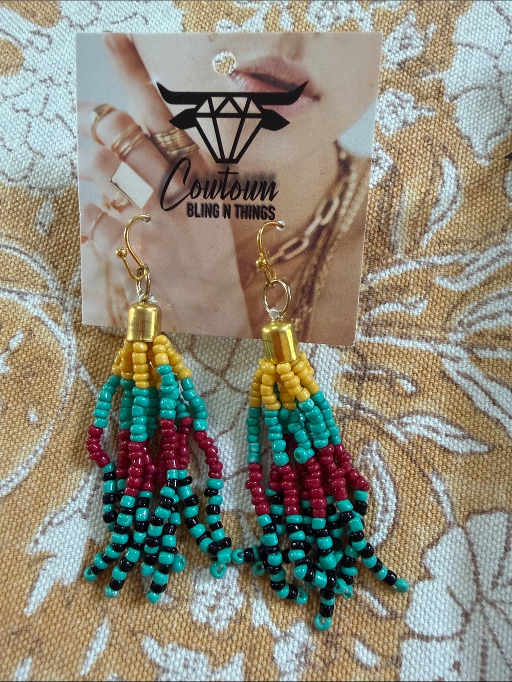 Artisan made beaded drop earrings NWT gold tone turquoise red yellow black seed